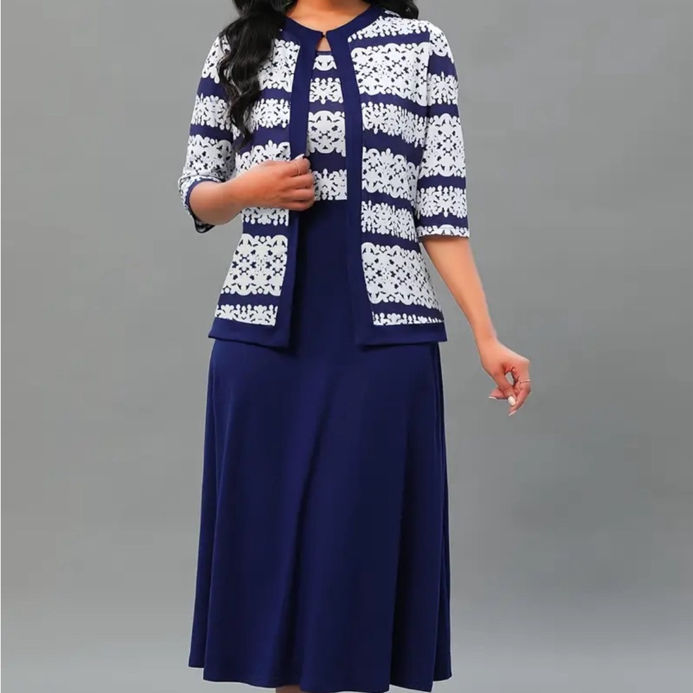 Color Block 2 Piece Dress Blue and White Dress Size XXL (14) - Picture 2 of 2